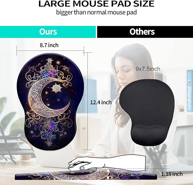 Mouse Pad with Wrist Support Gel Moon Star Galaxy Floral Pattern Design Ergonomic Gaming Mousepad with Wrist Rest for Laptop Computer Home Office Working Mouse Mat + A Cute Coffee Pad