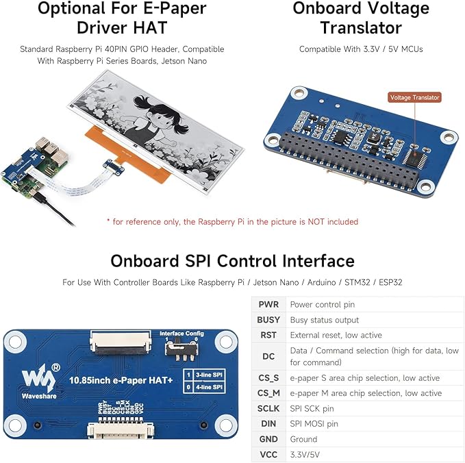 Waveshare 10.85inch e-Paper Display Compatible with Raspberry Pi 5/4B/3B/Zero/Zero W/Zero 2W/Pico/Pico W/Pico WH E-Ink Display 1360 × 480 Black/White SPI Interface with Driver Board
