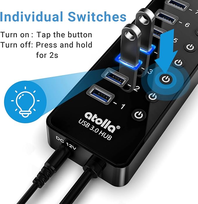 Power USB Hub 3.0 atolla 16 Port USB Splitter with 12V/6A Power Adapter and Individual Switches High-Speed Data Transfer for Laptop PC Mac and More Devices