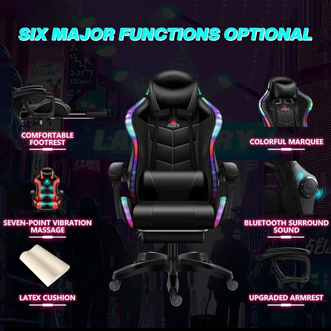 Massage Gaming Chair with Footrest RGB Gaming Chair with Speakers Video Game Chair with Headrest and Lumbar Support Backrest Adjustable Reclining Gamer Chair