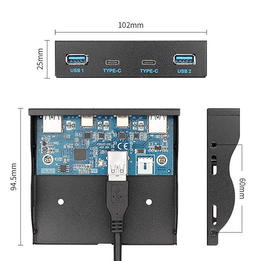 Chenyang USB-C &amp USB 3.0 HUB 4 Ports Front Panel to Motherboard 20Pin Connector Cable for 3.5 Floppy Bay
