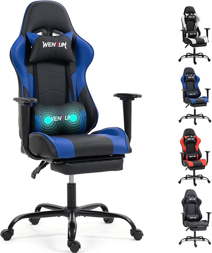 Gaming Chair with Footrest Ergonomic PC Desk Chair with Headrest and Massage Lumbar Support Video Game Chair w/Height Adjustable High Back for Home Office Blue