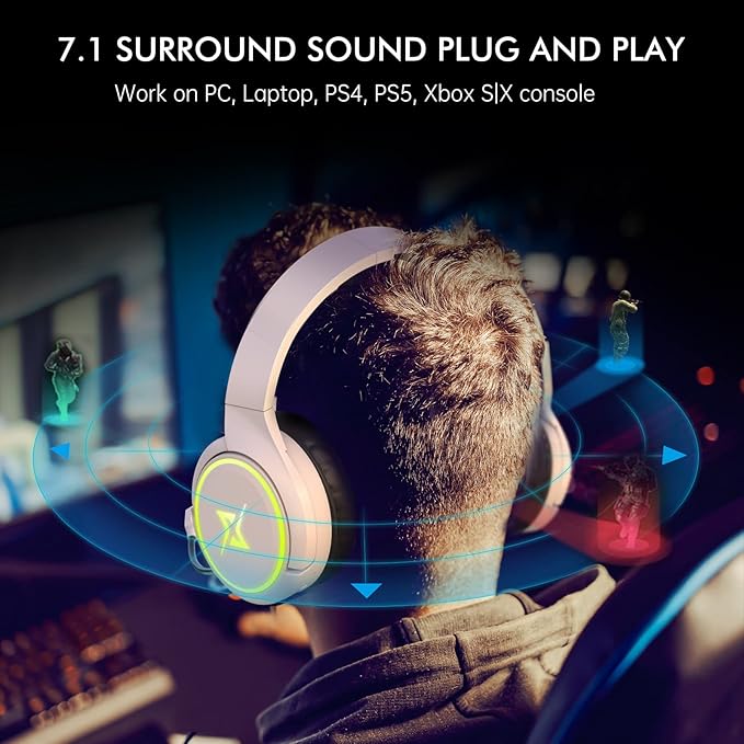 2.4G Wireless Gaming Headset for PC PS4 PS5 Switch MacMobile- Rotatable &amp Foldable Bluetooth V5.3 Headphone-20h Battery &amp RGB Light-Memory Ear Pads-Stretchable Noise Cancelling