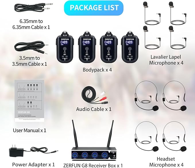 Rechargeable Wireless Microphone System 4 Channel Pro UHF Metal Headset Lavalier Lapel Mics Cordless for Church Karaoke Singing with Volume Control 4x50 Frequency(G8)