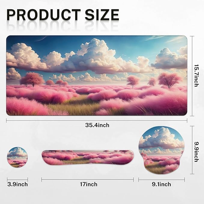 Britimes Dreamy Clouds Pink Plants Keyboard Mouse Pad Set 4in1 Large Mousepad+Keyboard Wrist Rest+Mouse Wrist Rest+Coaster Set with Ergonomic Design for Home Office Computer 35.4x15.7 inches