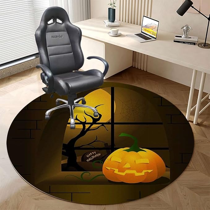 Orange Yellow Black PU Leather Office Chair Mat for Hardwood Floors Desk Carpet Halloween Themed Night Swirled Anti-Slip Multi-Purpose Low Pile Computer Chair Mat Animal Diameter 55 in