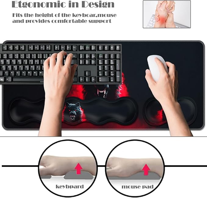 Ergonomic Keyboard Wrist Rest &amp Mouse Pad Wrist Rest SetXL Gaming Desk Mat 31.5x 11.8Non-Slip BaseMemory FoamEasy Typing Pain Relief for Office &amp HomeWolf Red Smoke