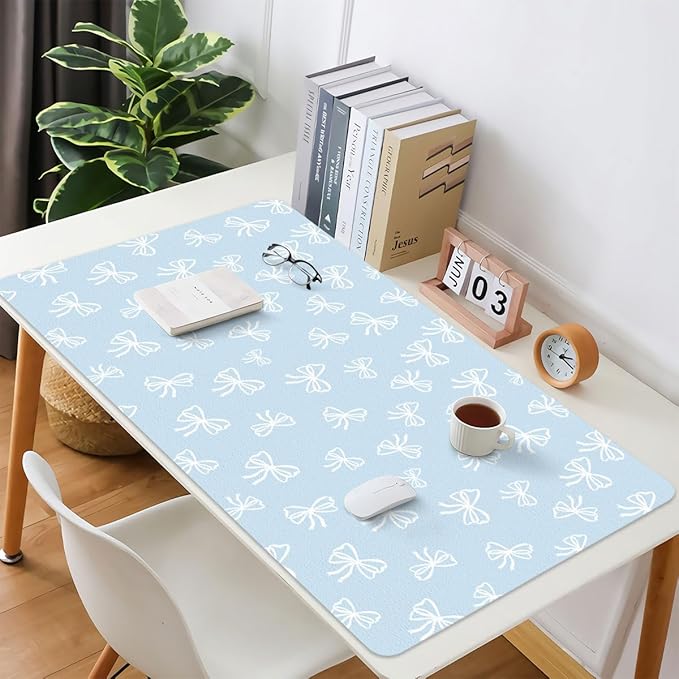Cute White Bow Blue Extended Gaming Keyboard Mouse Pad Non-Slip Leather Home Office Desk Mat Protector Laptop Desk Pad Writing Pad