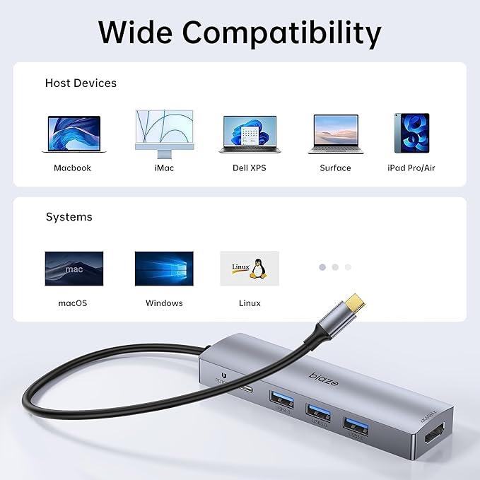 5-in-1 Dock for MacBook - Expand Your Ports! Supports 4K60Hz HDMI 100W PD Fast Charging 3 USB 3.0 Ports Hub for Laptop. Compatible MacBook Air/Pro M4/M3 and iPhone 15/16 Series.