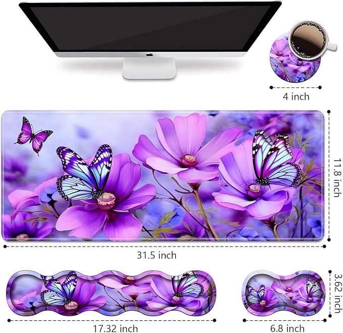 Ergonomic Keyboard Wrist Rest &amp Mouse Pad Wrist Rest Set Large XXL Gaming Desk Mat 31.5x 11.8 Non-Slip Base Memory Foam Easy Typing Pain Relief for Office &amp Home Purple Flowers and Butt