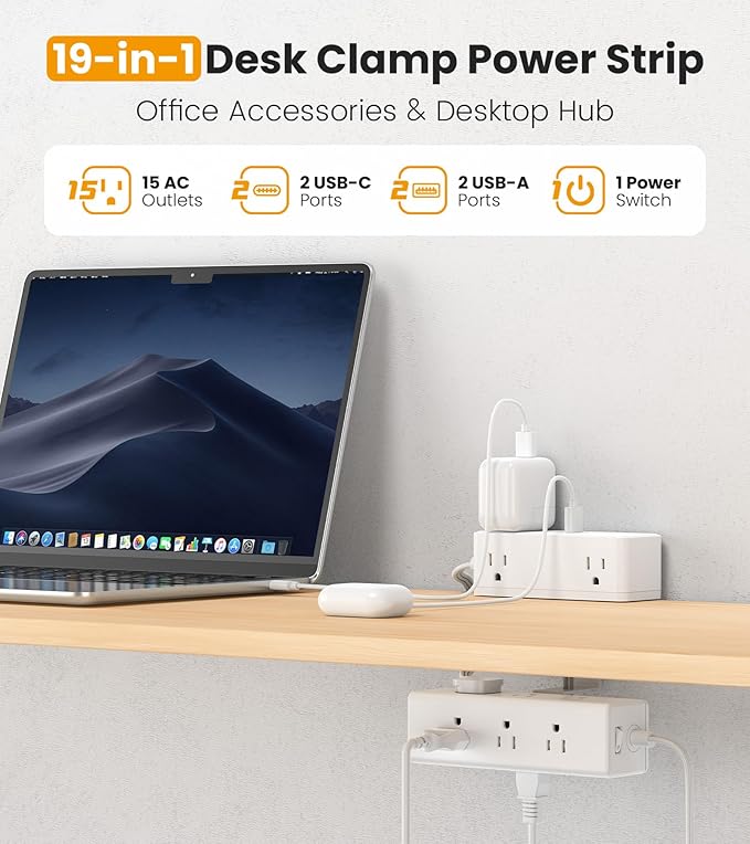 Dual Layer Desk Clamp Power Strip Desktop Edge Mount Surge Protector with 15 AC Outlets &amp 4 USB Ports(20W USB-C) Ultra Thin Flat Plug &amp 10FT Power Cord for Office Home(ETL Listed)