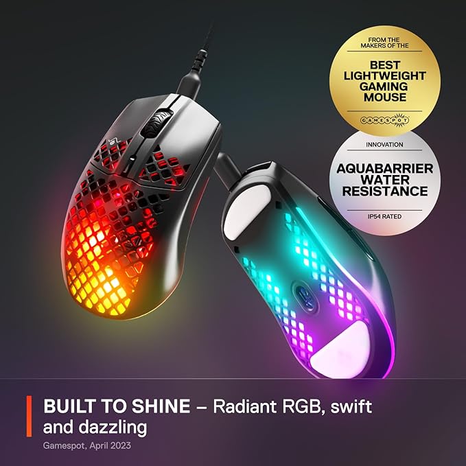 SteelSeries Aerox 3 - Holey RGB Gaming Mouse - Ultra-lightweight Water Resistant Design - 8500 DPI TrueMove Core Optical Sensor - Onyx