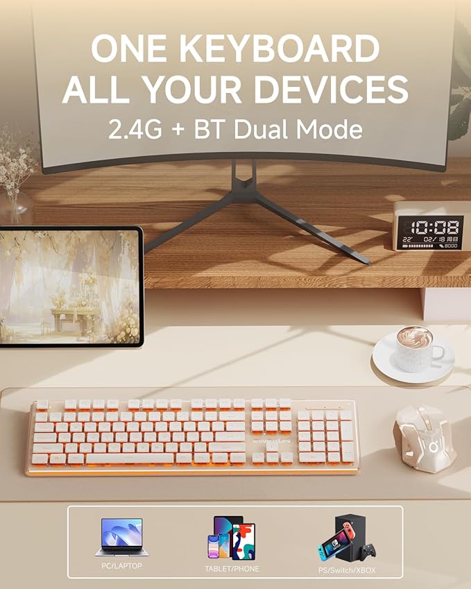 EWEADN V3 Wireless Keyboard and Mouse with Single Backlit Metal Panel Bluetooth/2.4G Rechargeable Computer Keyboard and Mouse Combo Silent Lighted Full Size Cute Keyboards-Rose Gold