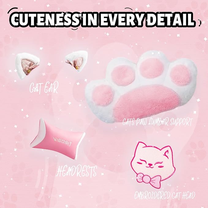 Pink Cat Ear Gaming Chair with Footrest - Cute Gaming Chair for Girls 310lbs Capacity Adjustable Height &amp Lumbar Support Ergonomic Computer Chair for Teens
