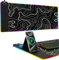 Mouse Pad with Foldable Phone Holder Wireless Charging Desk Mat RGB Gaming Mousepad Large Desk Pad with Non-Slip Base Waterproof Keyboard Pad Classic Black (XXL Stand Topographic)