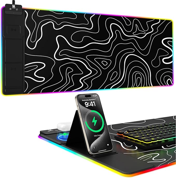 Mouse Pad with Foldable Phone Holder Wireless Charging Desk Mat RGB Gaming Mousepad Large Desk Pad with Non-Slip Base Waterproof Keyboard Pad Classic Black (XXL Stand Topographic)