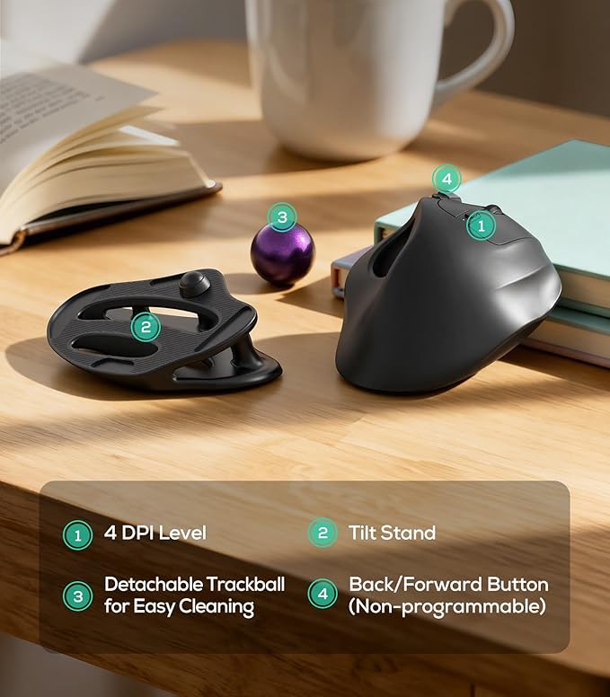 Nulea M511 Wireless Trackball Mouse Rechargeable Ergonomic Thumb-Control Mouse with Tilt Stand Smooth &amp Precision Tracking 3 Device Connection (Bluetooth or USB Receiver) for PC/Mac/Laptop-Pur