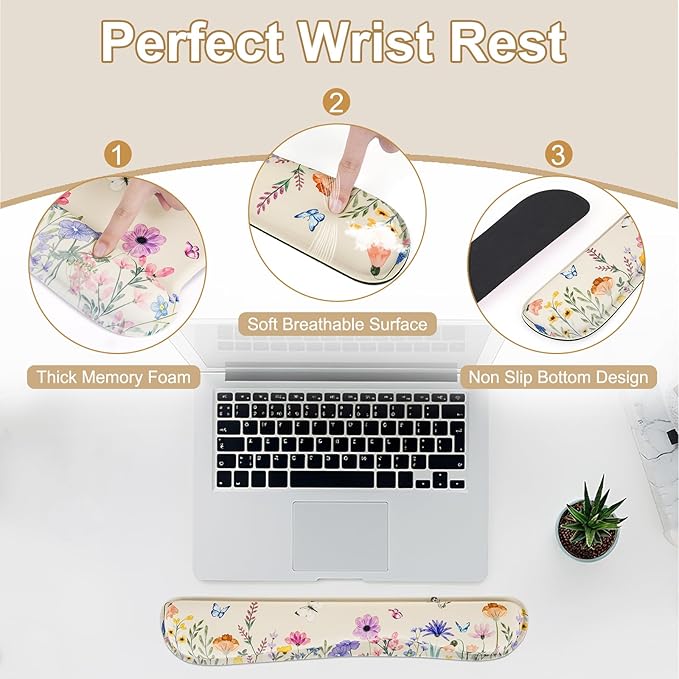MEGREZ 4-in-1 Ergonomic Memory Foam Wrist Rest Set Desk Pad Mouse Pad with Wrist Rest Keyboard Pad Suitable for Office Workers Programmers &amp Gamers–Relieve Typing &amp Gaming Fatigue Light