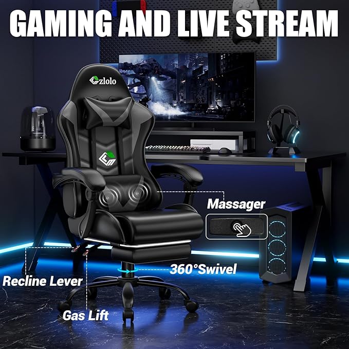 Gaming Chair with Footrest Racing Style Lumbar Support Massager Video Game Chair with Metal Legs High Back Reclining Gamer Chair with Headrest 360° Swivel Office Computer Desk Chair (Gray)