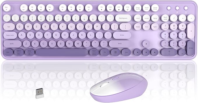 Colorful Wireless Keyboard and Mouse Combo COVEVA 2.4GHz Wireless Retro Cute Round Keycaps Keyboard 104 Keys Full-Sized Keyboard Mouse Set with Switch Button for PC Laptop Desktop (Purple Gradient)