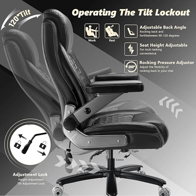 700LBS Large Heavy Duty Office Chair with 5D Flip Arms Comfy Big and Tall Executive Office Desk Chair with Pocket Spring Cushion High Back Computer Chair with Lumbar SupportDual Rubber Wheel