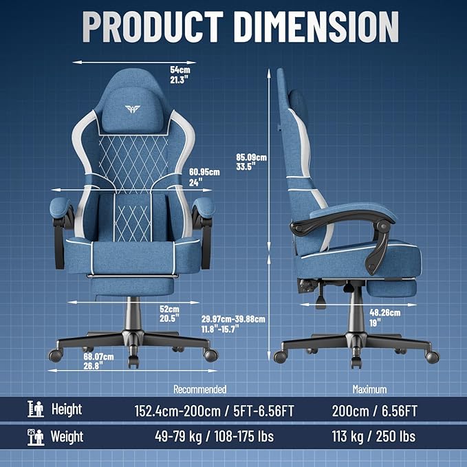 Ferghana Breathable Fabric Ergonomic Gaming Chair with Footrest and Linkage Armrest High Back Computer Game Chair with Massage Lumbar Support for Adult(Blue)