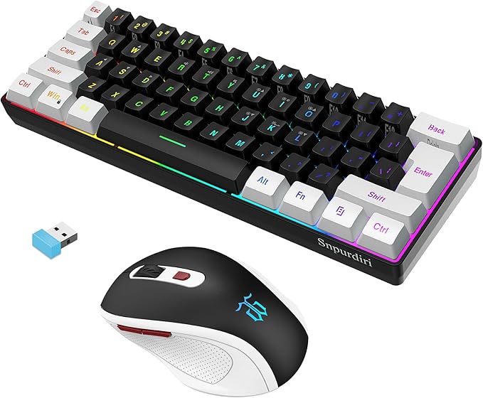 Snpurdiri 2.4G Wireless Gaming Keyboard and Mouse Combo Include Small 60% Merchanical Feel Keyboard Ergonomic Design Mini Wireless Mouse(White and Black)