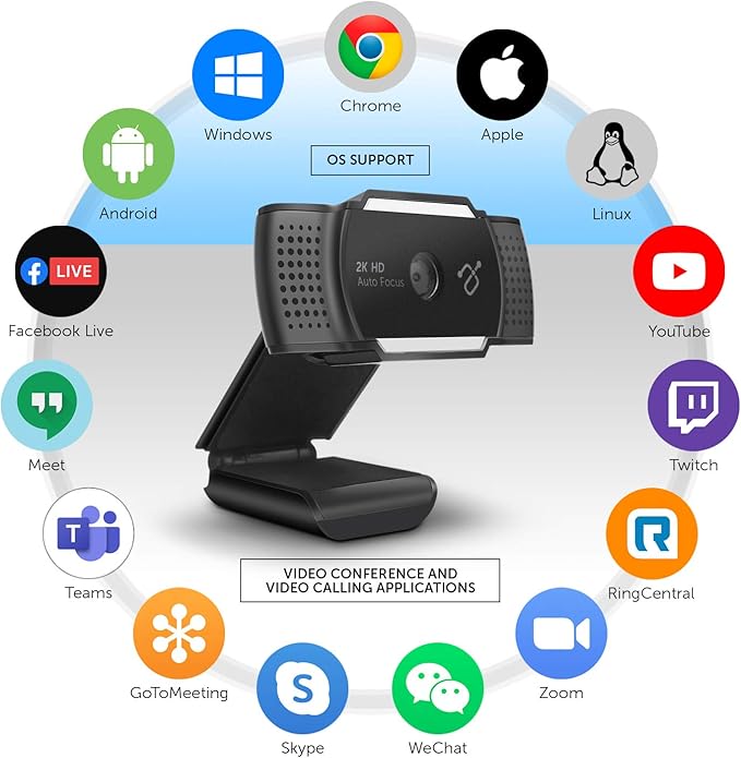 Aluratek 2K HD Webcam with Dual Stereo Noise Cancelling Mics Auto Focus and Low Light Correction Built-in Tripod Mount Universally Compatible