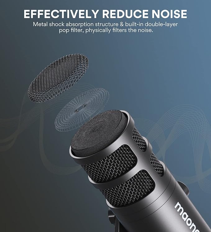 MAONO USB Dynamic Microphone Podcast Recording Microphone with Gain Knob Plug &amp Play Metal Structure Voice-Isolating Technology Cardioid Studio PC Mic for Streaming Vocal Home Studio-PD100U