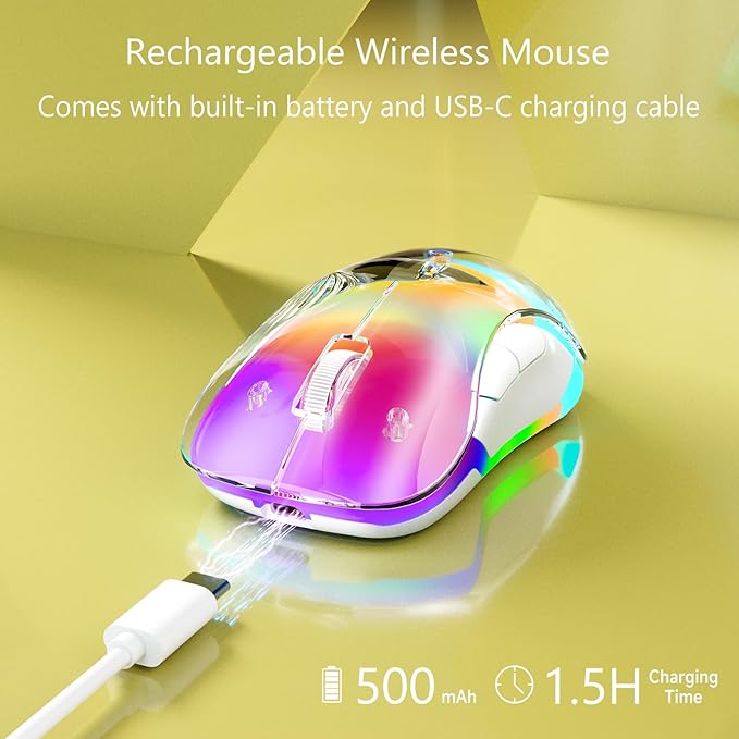 memzuoix 2.4G Wireless Mouse with Customizable Cover &amp 9-Color LED - Rechargeable Ergonomic 1400 DPI 5 Buttons USB Receiver for PC/Mac - Yellow