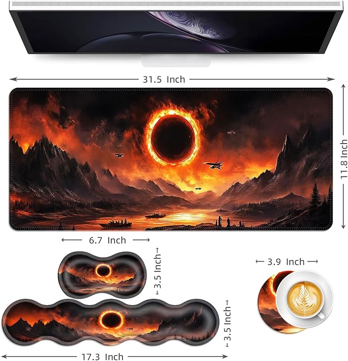 Keyboard Mouse Pad Set Extended Gaming Mouse Pad+Ergonomics Keyboard Wrist Rest Support Memory Foam Easy Typing Pain Relief 4Pcs XL Ultra Thick Desk MatFantasy Mountain