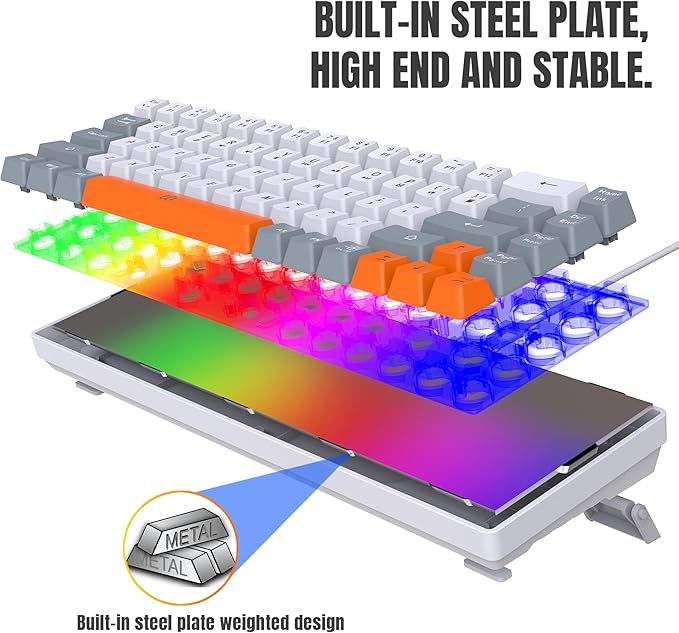 Snpurdiri 60% Wireless Gaming Keyboard and Mouse ComboRainbow Backlit Rechargeable 2000mAh BatteryMini Mechanical Feel Keyboard +Popular RGB Mice for GamingBusiness Office(Gray-White-Orange)