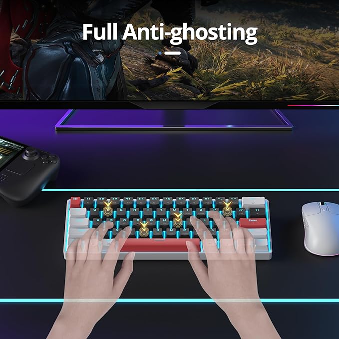 surmen 60% Mechanical Gaming Keyboard with Linear Red Switch Wired Mini Compact Keyboard 60 Percent Backlit for Laptop Desktop PC Gamers （61 Black-Ice Blue）