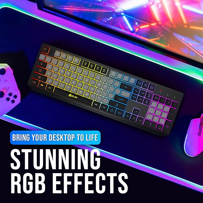 KLIM Chroma Wireless Keyboard – RGB Backlit Gaming Rechargeable Battery PC Keyboard Durable &amp Water-Resistant Compatible with PS4 PS5 &amp Mac - Black
