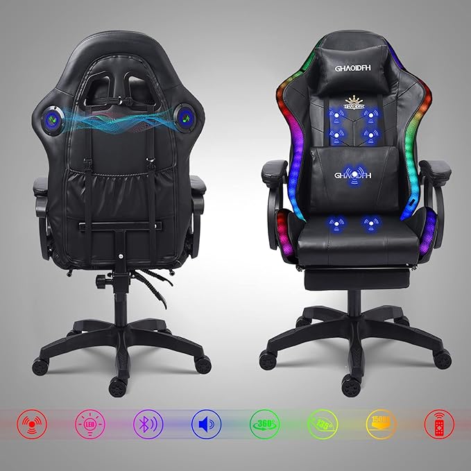 Gaming Chair with Massage and Footrest Ergonomic Computer Chair Video Gaming Chair with Speakers and LED Lighting High Back Racing Chair with Headrest and Lumbar Pillow.Black