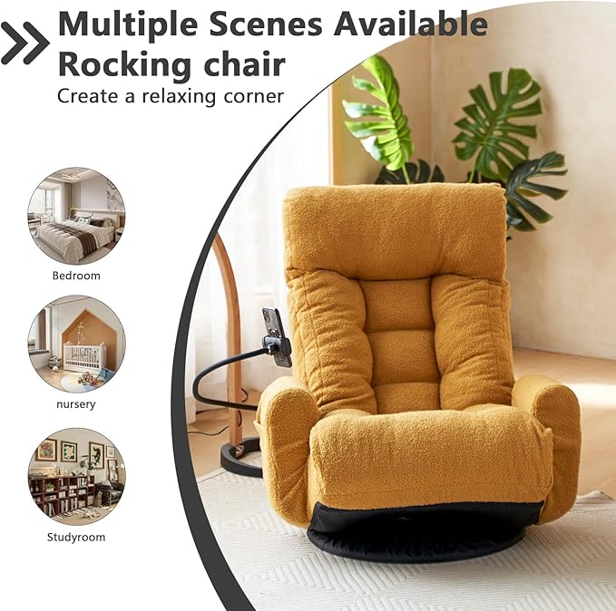360-Degree Swivel Floor Chair with 5-Position Folding Design Adjustable Headrest Waist Support Armrests and Phone Holder for Living Room (Yeiiow+Teddy Fleece)