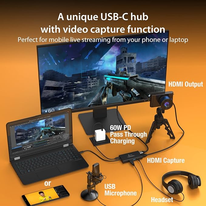 j5create Video Capture Card with PD 60W Pass-Through Charging Built-in Multi-Function hub Suitable for Streaming Live Broadcasting Video Conference Teaching Gaming (JVA01)
