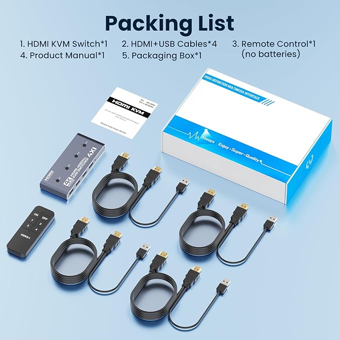 HDMI KVM Switch 4 Computer 4 Port HDMI USB Switch for 4 Computer Share a 4K@60Hz Monitor and 4 USB Devices Keyboard Mouse Printer Includes 4 KVM Cables &amp Remote Controller (no Batteries)