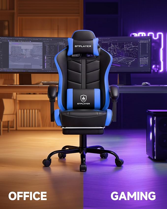 GTPLAYER Gaming Chair for Adults Ergonomic Computer Gaming Chair with Footrest Height Adjustable 90-155° Recline &amp Removable Headrest Lumbar Support Black&ampBlue