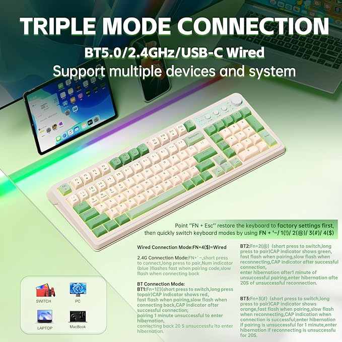 AULA S99 Gaming Keyboard Wireless Computer Keyboards Tri-Mode Bluetooth/2.4GHz/USB-C Custom Creamy Keyboard with Number Pad RGB Backlit Media Knob Cute Programmable Keyboard for PC Gamer - Green