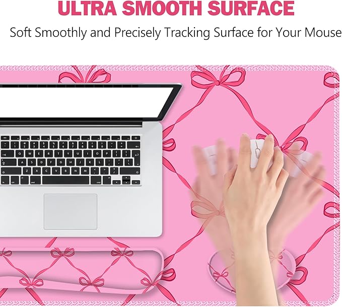 ToLuLu Large Mouse Pad Desk Pad Set Wrist Rest Support Desk Mat for Keyboard Mouse 4PCS 35.4”x15.7 XXL Giant Mouse Pad Non-Slip Base Stitched Edges Mousepad Office Desk Decor Hot Pink Bow