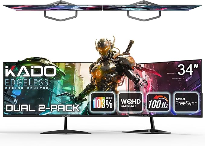 Kado Dual Gaming Monitor Setup - 2-Pack 34 100Hz Ultrawide 21:9 3440x1440 WQHD Computer Monitor 103% sRGB Stacked Gaming AMD FreeSync Premium VESA Mount HDMI DisplayPort Built-in Speakers