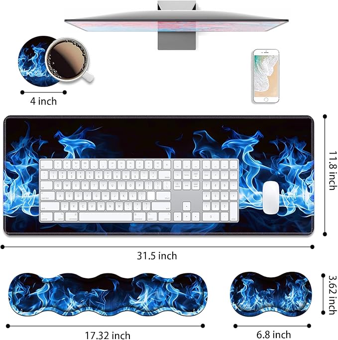 4 in 1 Ergonomic Keyboard Wrist Rest &amp Mouse Pad Wrist Rest Set Large XXL Gaming Desk Mat 31.5x 11.8 with Non-Slip Base Memory Foam for Home Office Study Gaming Blue Flame