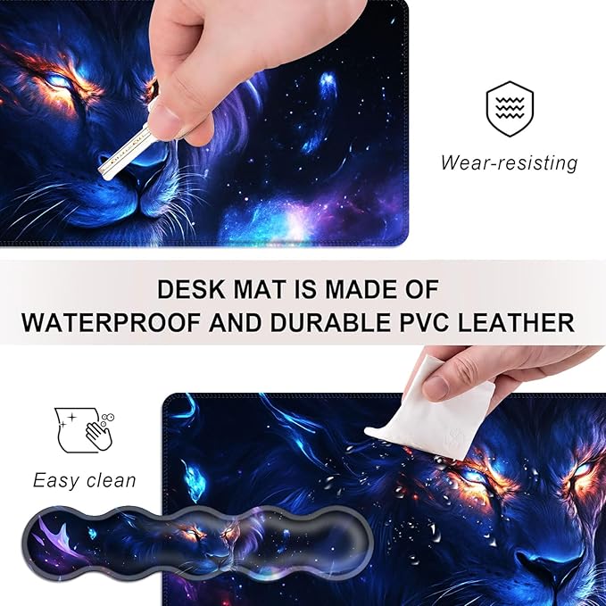 Mouse PadLarge Desk Mat Set 4in1 XL Mousepad + Keyboard Wrist Rest+Mouse Wrist Rest+Coaster with Ergonomic Desk Pad for Home Office Table Computer Cover -Galaxy Lion with Glowing Eyes