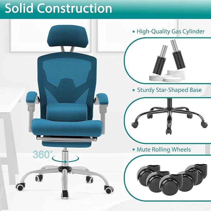 Ergonomic Desk Chair High Back Office Chair with Wheels and Arms Computer Chair with Footrest Swivel Reclining Gaming Chair with Headrest Comfy Armrest for Home Office Work Study Blue