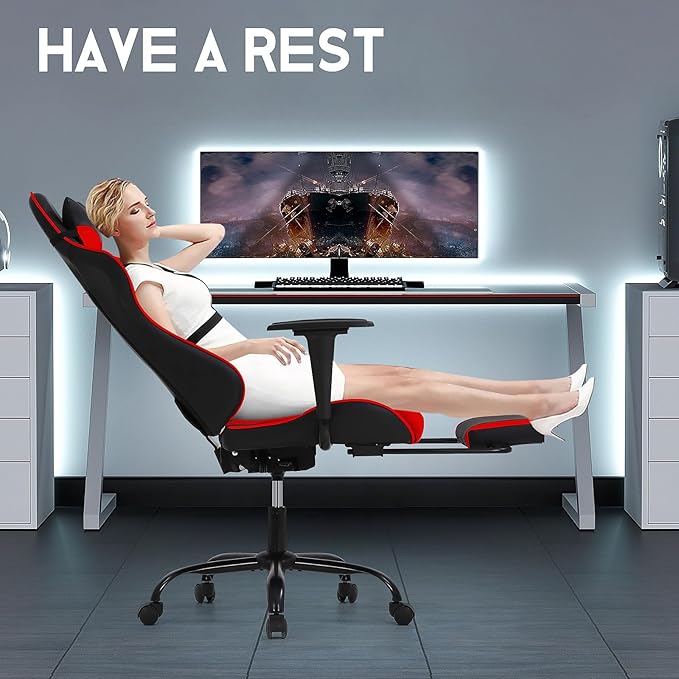 BLKMTY Gaming Chair Reclining Computer Chair with Footrest and Lumbar Support Height Adjustable Game Chairs with Swivel Seat and Headrest for Home Office or Gaming (Red)