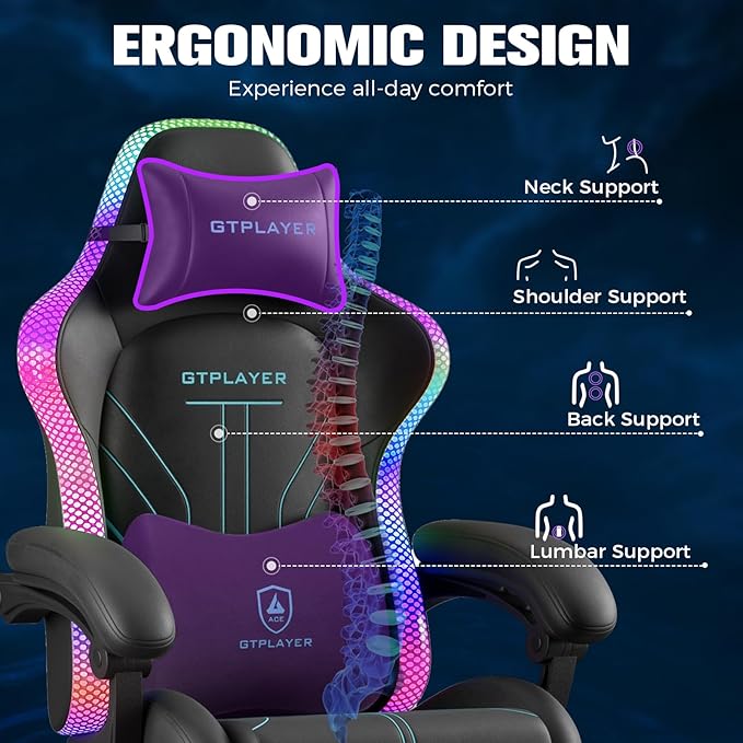 GTPLAYER Gaming Chair Computer Chair with RGB LED Lights High Back Ergonomic Chair for Adults with Footrest Reclining Office Chairs Linkage Armrest Blue