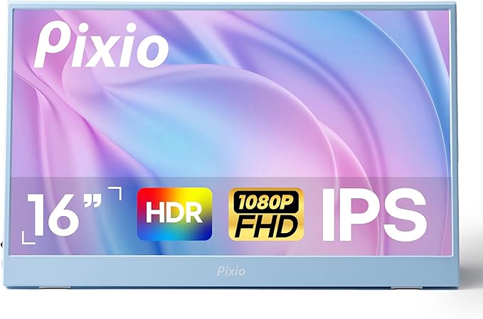 Pixio PX160 Wave Blue Portable Monitor 15.6 inch 60Hz FHD 1080p IPS Panel HDR Screen Cover Stand USB-C HDMI Laptop Screen Extender Portable Monitor for Laptop PC Console Phone