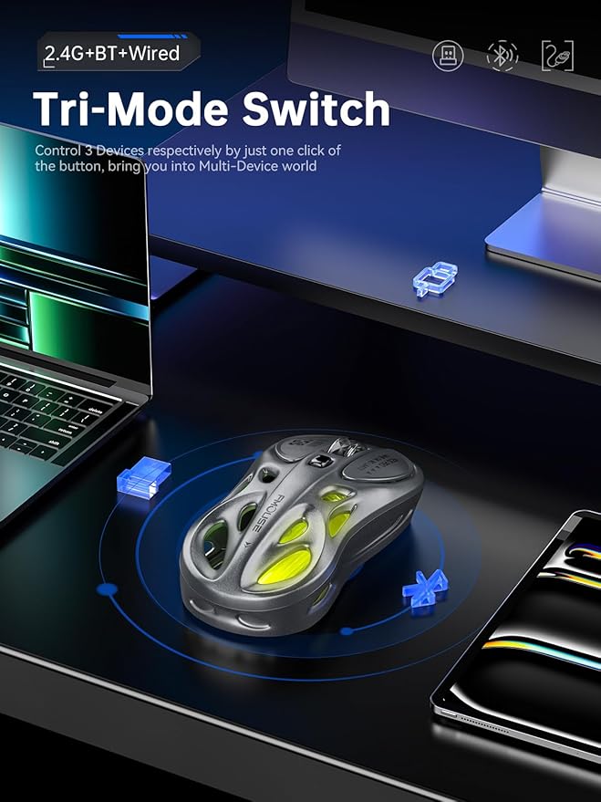 Gaming Wireless Mouse Tri-Mode (2.4G/Bluetooth/Wired) 4800 DPI 1000Hz Ergonomic Hollow RGB Rechargeable Type-C for Mac/Laptop/iPad/Office - Gray