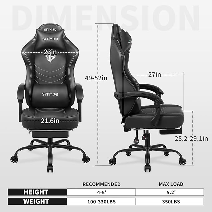 Gaming Chair for Adults Computer Chairs with Footrest and Lumbar Support Ergonomic PU Leather Game Chair with Headrest Height Adjustable PC Gamer ChairsBlack